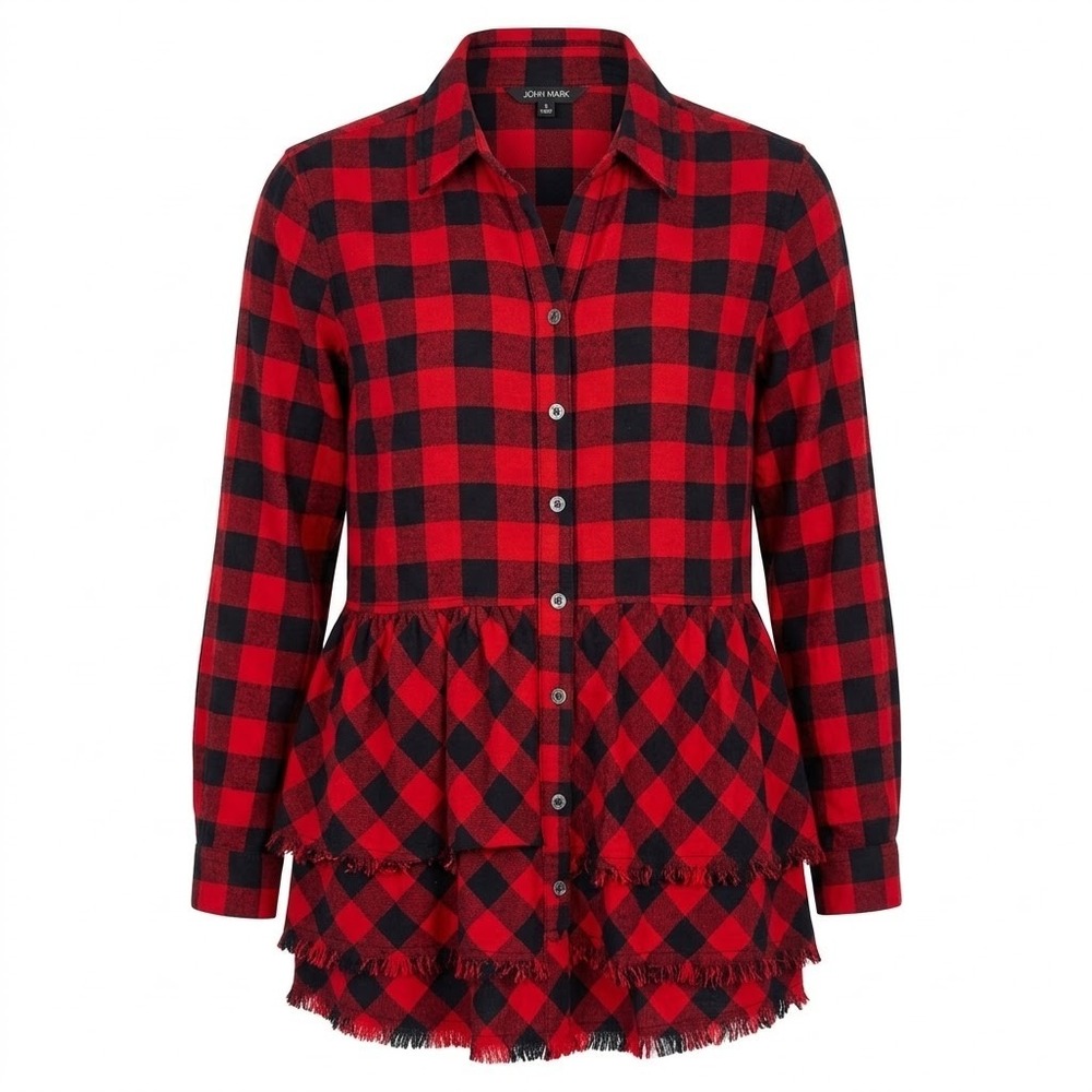 John‎ Mark SMALL Red Black Buffalo Plaid Peplum Tunic Shirt Wire Collar Fringe